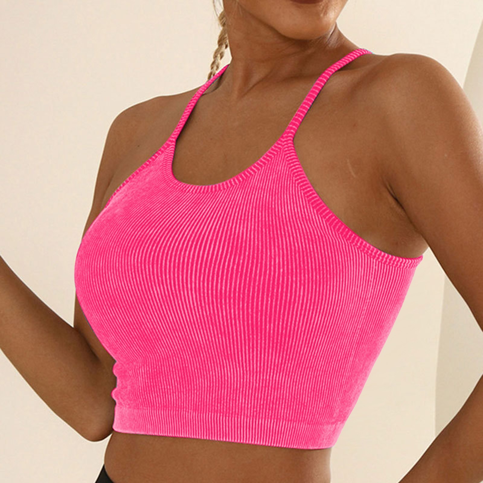 thumbnail image 3 of Sujetador deportivo acolchado de punto para mujer - Tirantes finos cruzados - Entrenamiento, yoga, gimnasio - Tallas S-L, 3 of 6